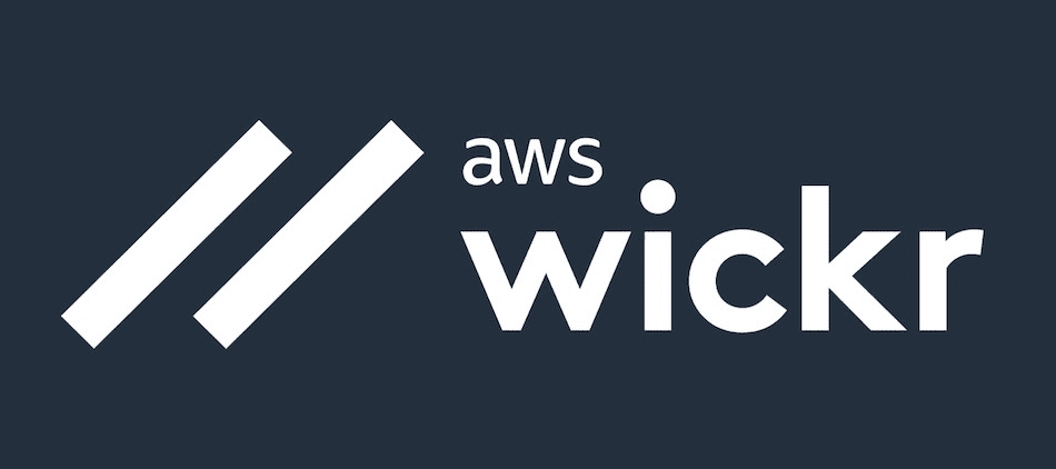 AWS Wickr logo. Two white diagonal bars next to the words 'AWS Wickr' in white lowercase letters on a dark navy blue background.
