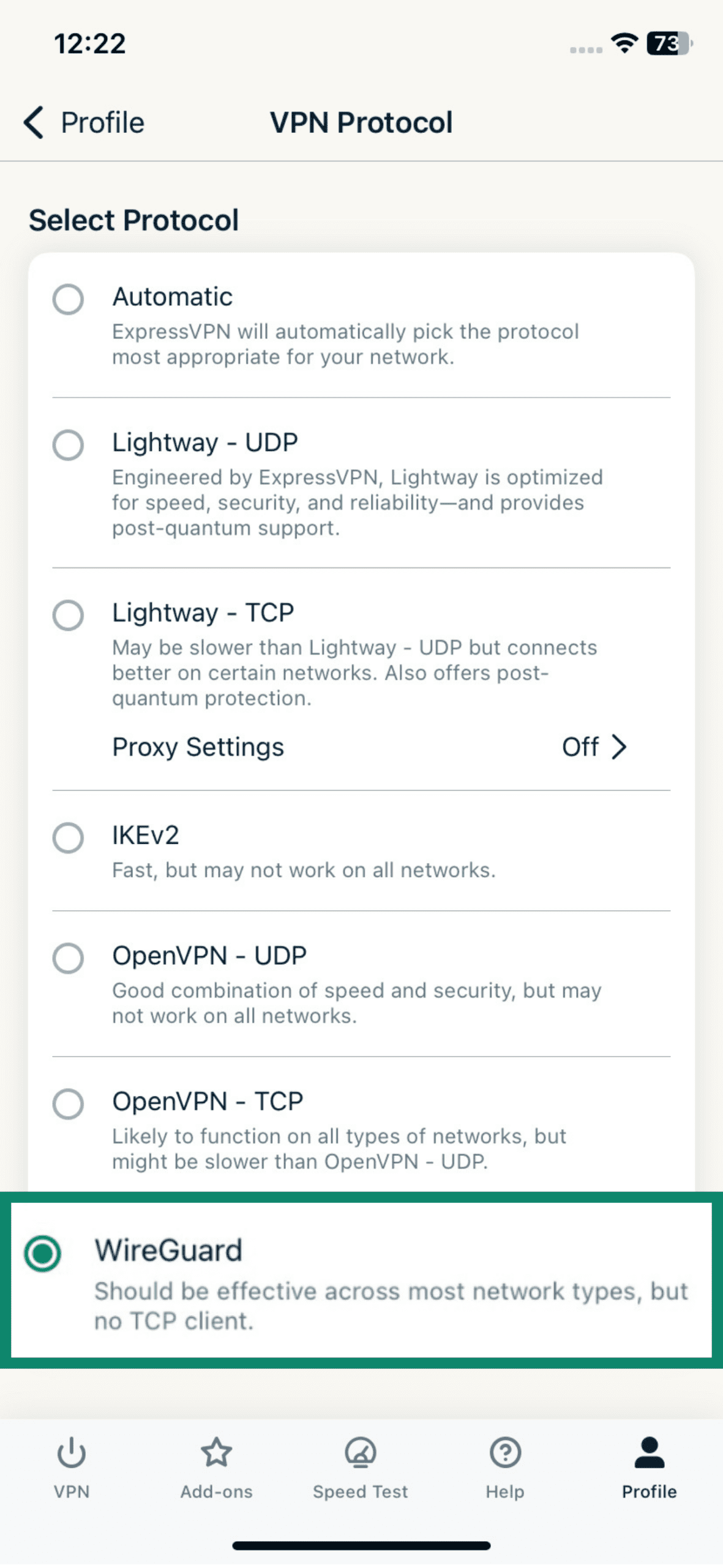 Screenshot of the ExpressVPN app with the 