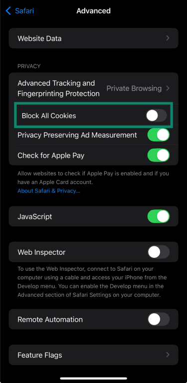 Safari Advanced settings on iPhone showing the