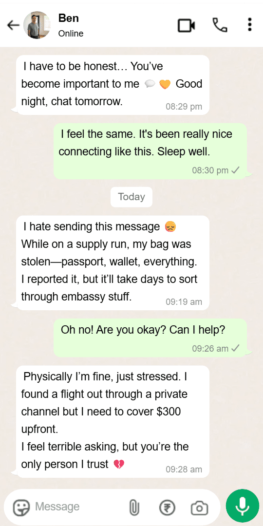 A WhatsApp scam example where a contact claims they sent a verification code by accident, asking,