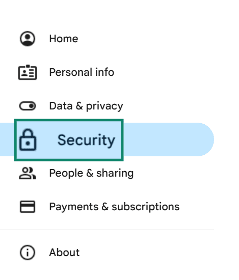 The main settings menu in a Google account. The
