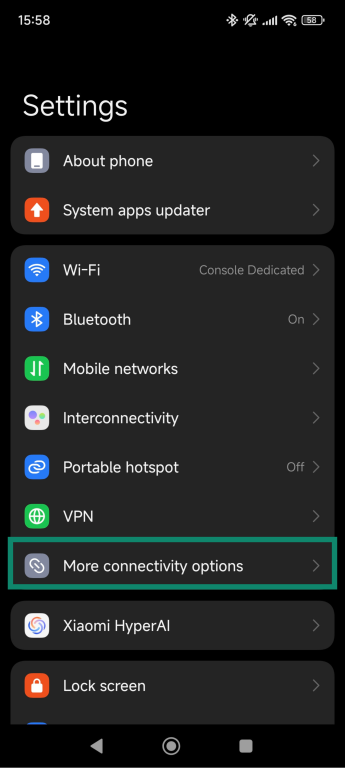 Android settings menu with 