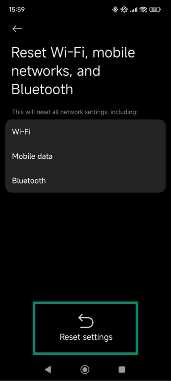 Android's Reset Wi-Fi, mobile networks, and Bluetooth confirmation screen with 