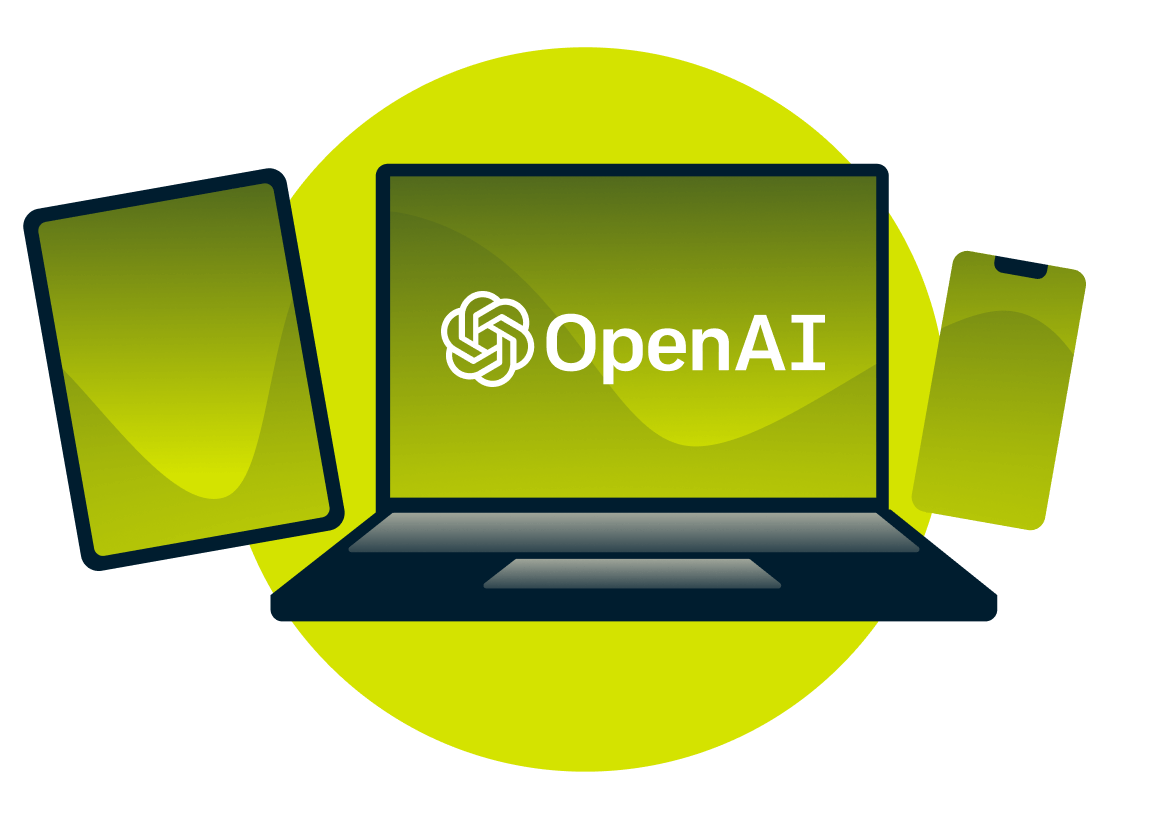 OpenAI logosu bulunan bir laptop, tablet ve telefon.