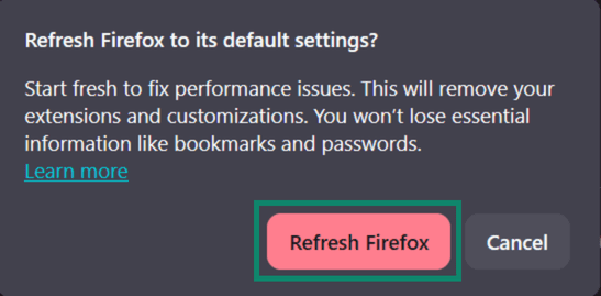 Clicking on Refresh Firefox option in the message box starts the reset process.