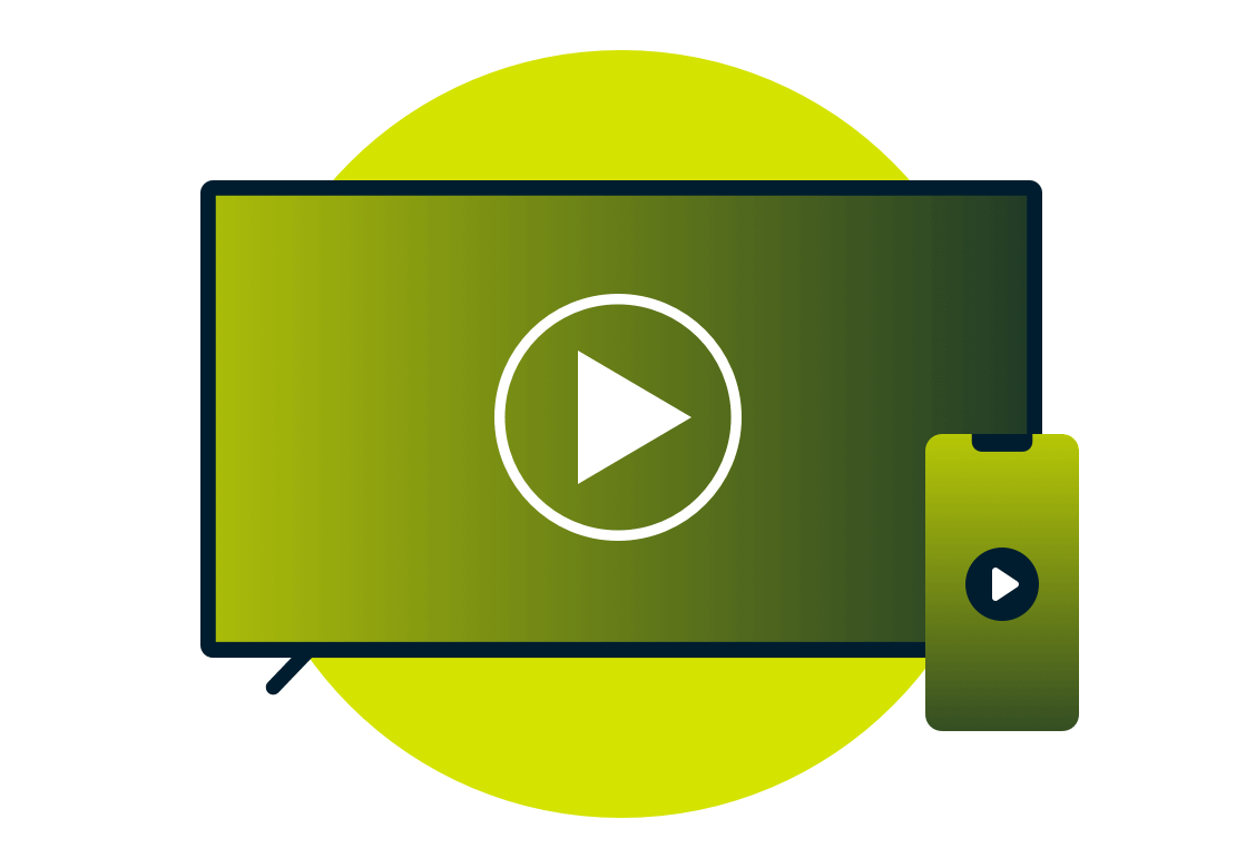 Pantalla de televisi&oacute;n y dispositivo m&oacute;vil con iconos de reproducci&oacute;n.