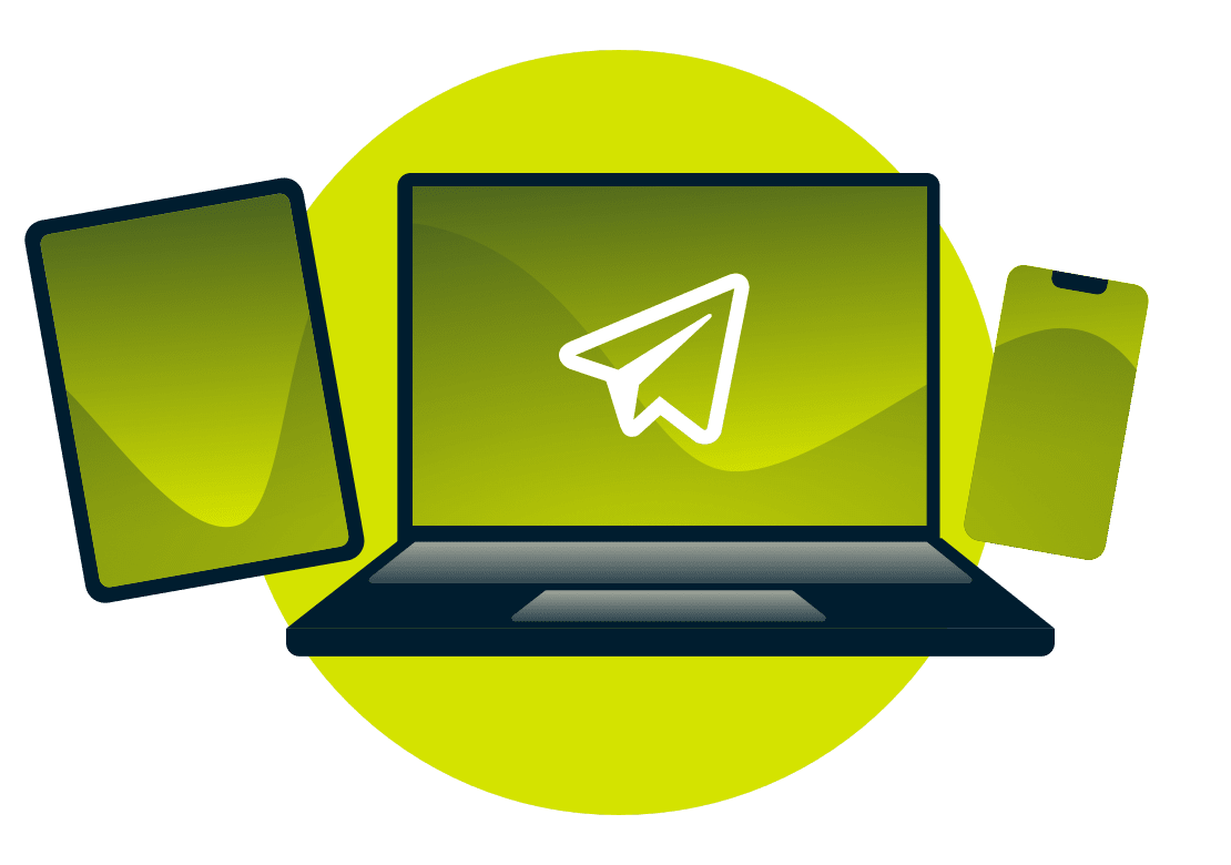 Telegram-Logo auf einem Laptop, Telefon und Tablet.