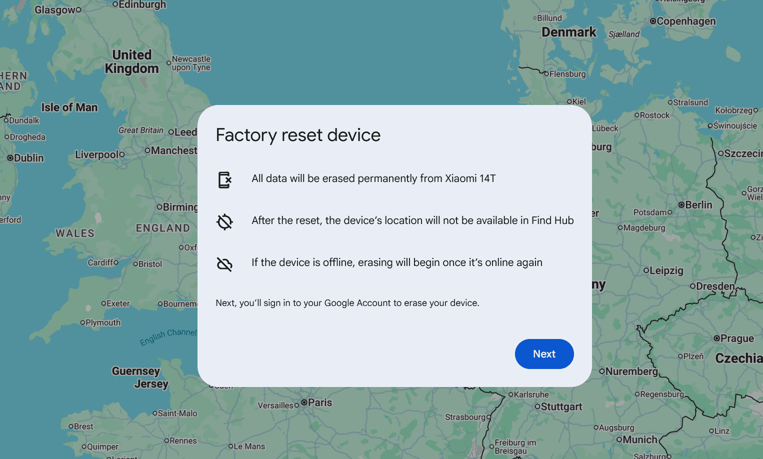 Google Find Hub, highlighting the Next button for factory reset.