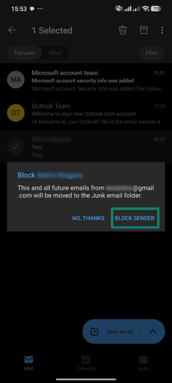 How to confirm and block a sender in Outlook for Android