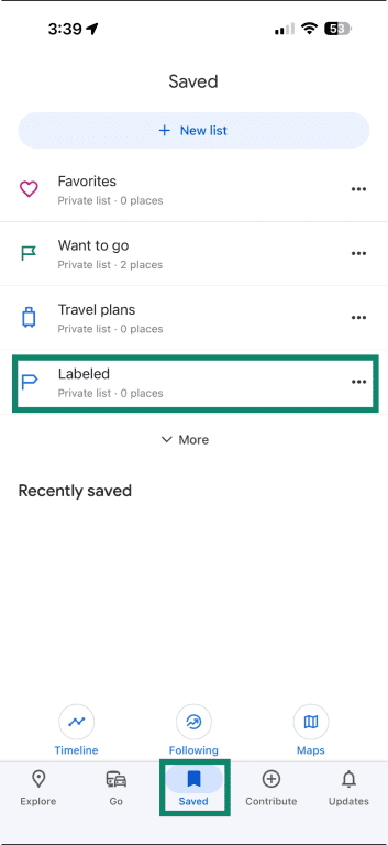 Google Maps' menu for saved addresses.