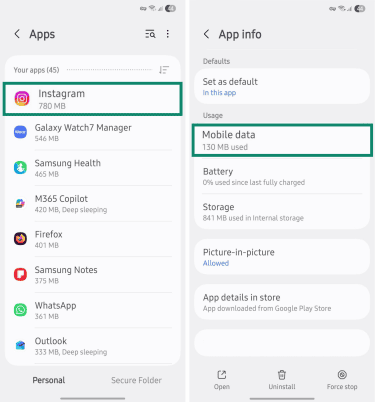 Viewing app mobile data use.